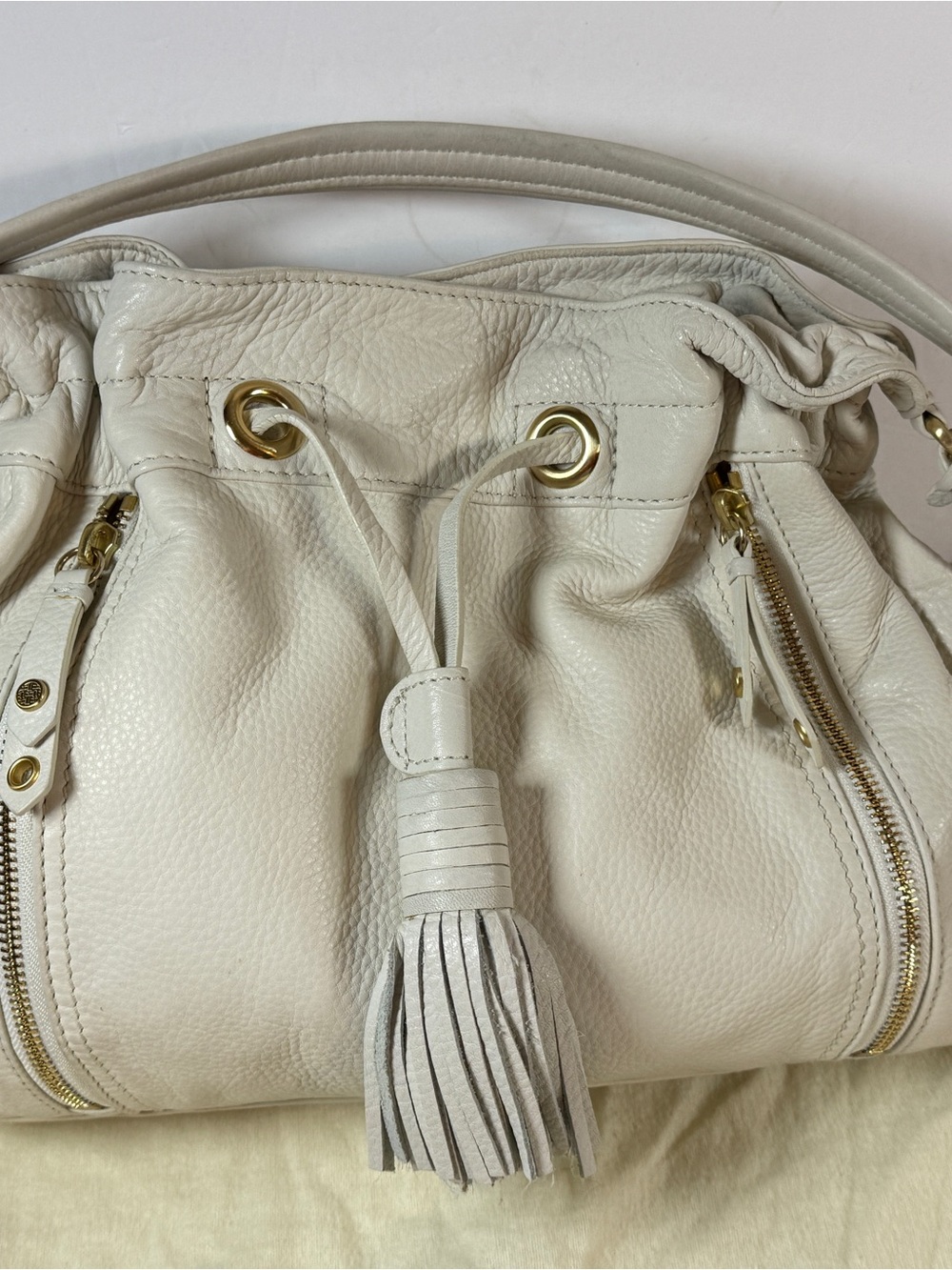 Cole Haan Cream Leather Drawstring Shoulder Bag with Tassel
